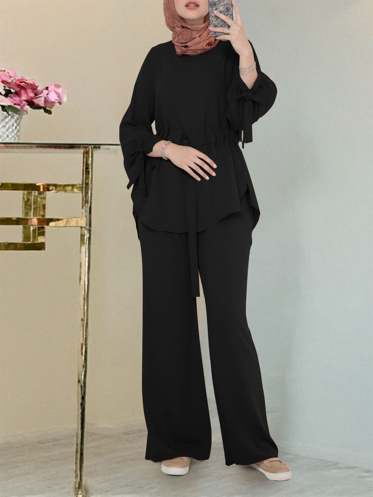Women's Clothing Elegant Solid Color Muslim Two-Piece Set With Sleeve Top & Wide-Leg Pants | Casual Daily Outfit For Women_voghion.com