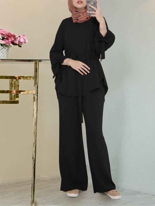 Women's Clothing Elegant Solid Color Muslim Two-Piece Set With Sleeve Top & Wide-Leg Pants | Casual Daily Outfit For Women_voghion.com