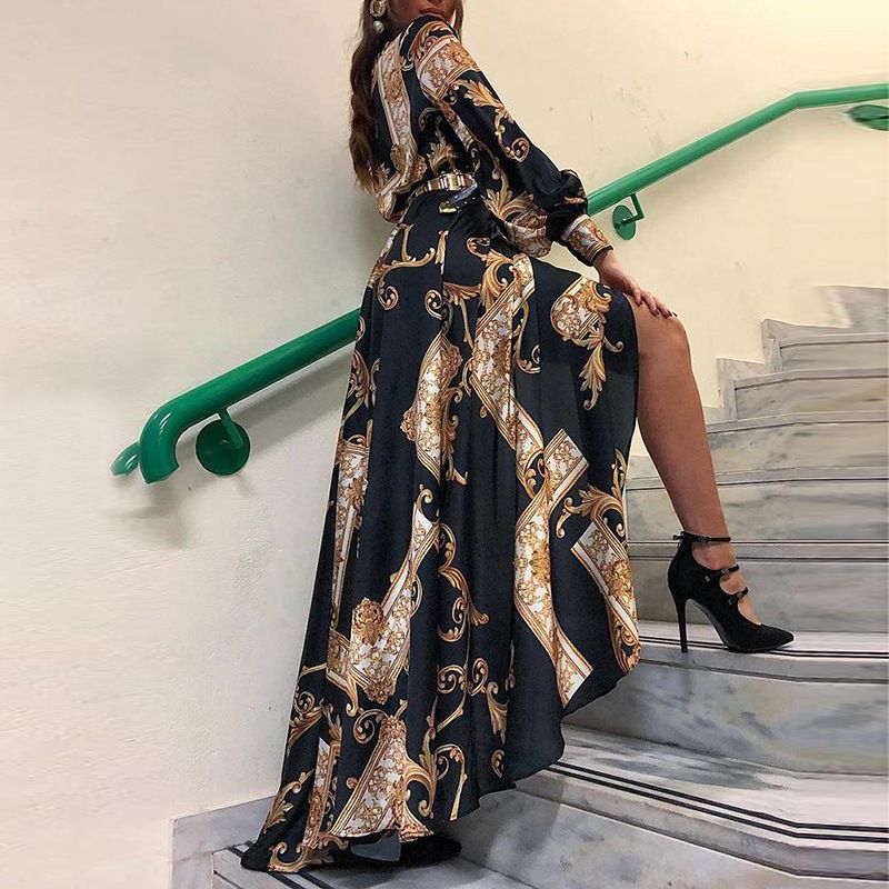 women's retro palace style dress printed long sleeves slit waist long skirt_voghion.com