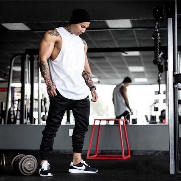 Gilet fitness da uomo in rete patchwork di cotone con giunzioni a tre sezioni, gilet fitness in puro cotone tinta unita, lungo e ampio_voghion.com