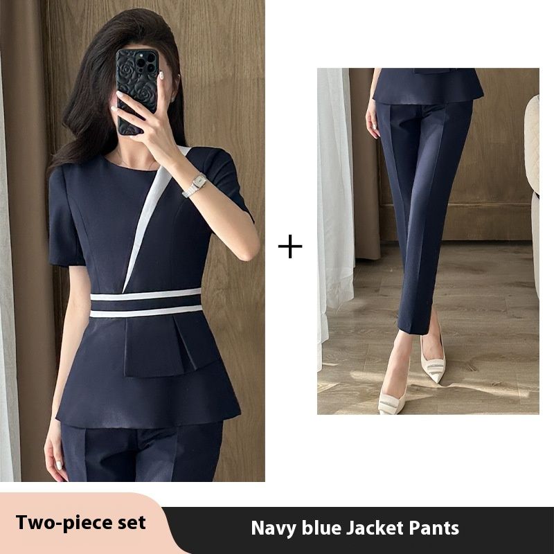 Summer Short Sleeved Professional Suit Set, Feminine Goddess Style Hotel Front Desk, Jewelry Store, Beauty Salon_voghion.com