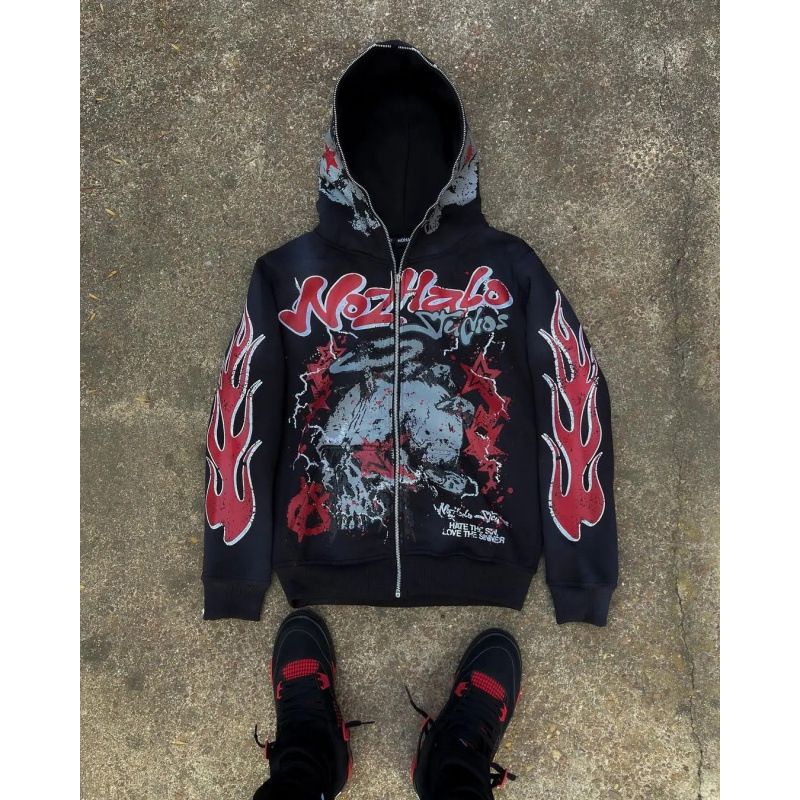 Sudadera con capucha y cremallera estilo urbano oscuro Y2K – Sudadera unisex extragrande con estampado gráfico 3D (S-3XL, negro/morado)_voghion.com