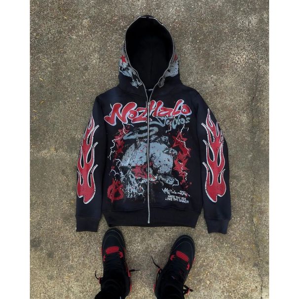 Sudadera con capucha y cremallera estilo urbano oscuro Y2K – Sudadera unisex extragrande con estampado gráfico 3D (S-3XL, negro/morado)_voghion.com