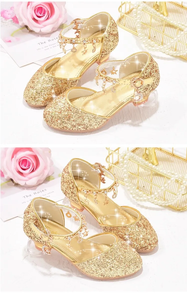 Girls shoes Children glitter performance high heels gold powder silver four seasons children princess glass shoes_voghion.com