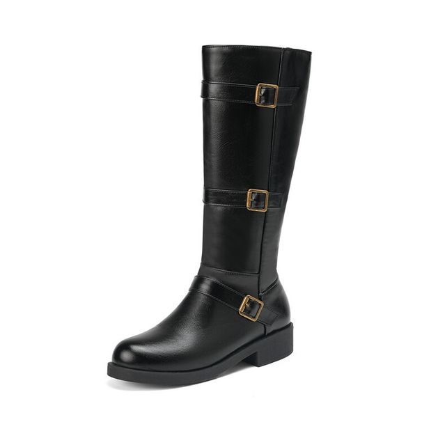 Round Toe Flat Heel High For Women With Belt Buckle, Plus Size Riding Boots_voghion.com