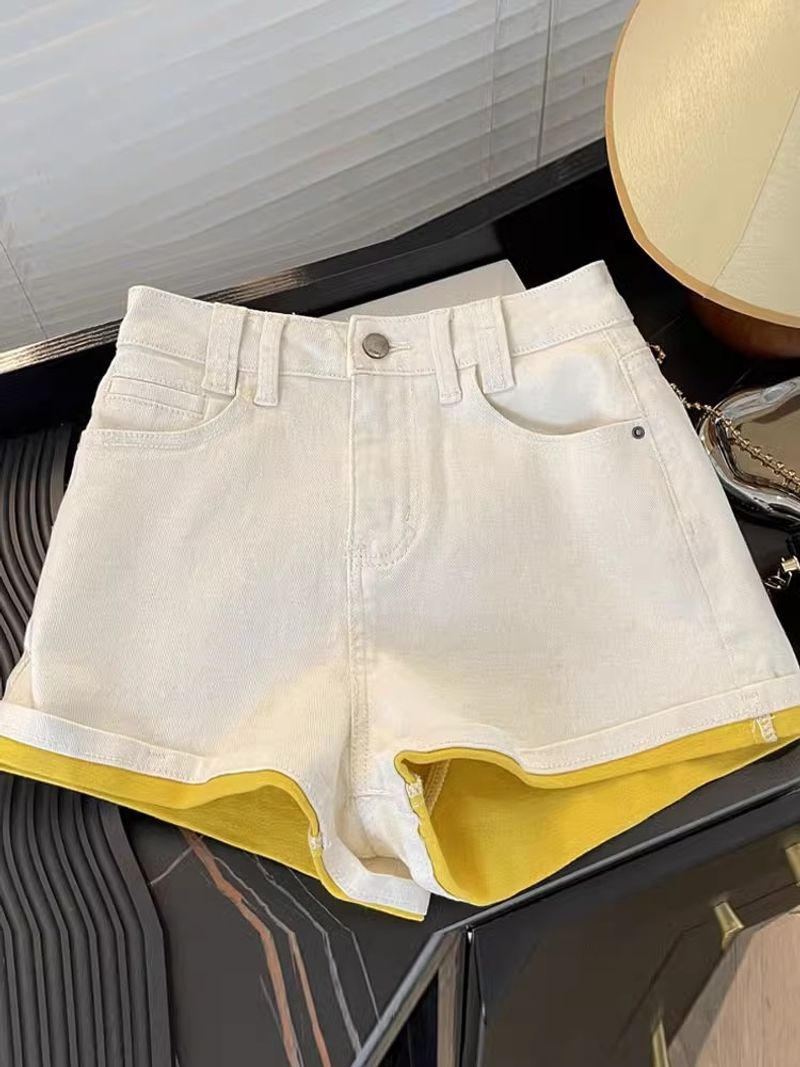 Vêtements pour femmes Dopamine Short en jean jaune citron Design d'été Couleur contrastée Coupe trapèze Jambe large Pantalon chaud_voghion.com