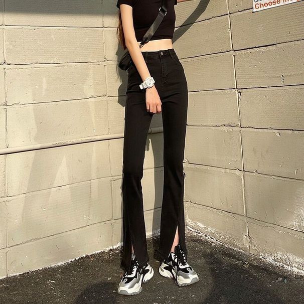 Black high waisted jeans for women, 2021 autumn new style, slim and wide leg, floor hugging split micro flared pants_voghion.com