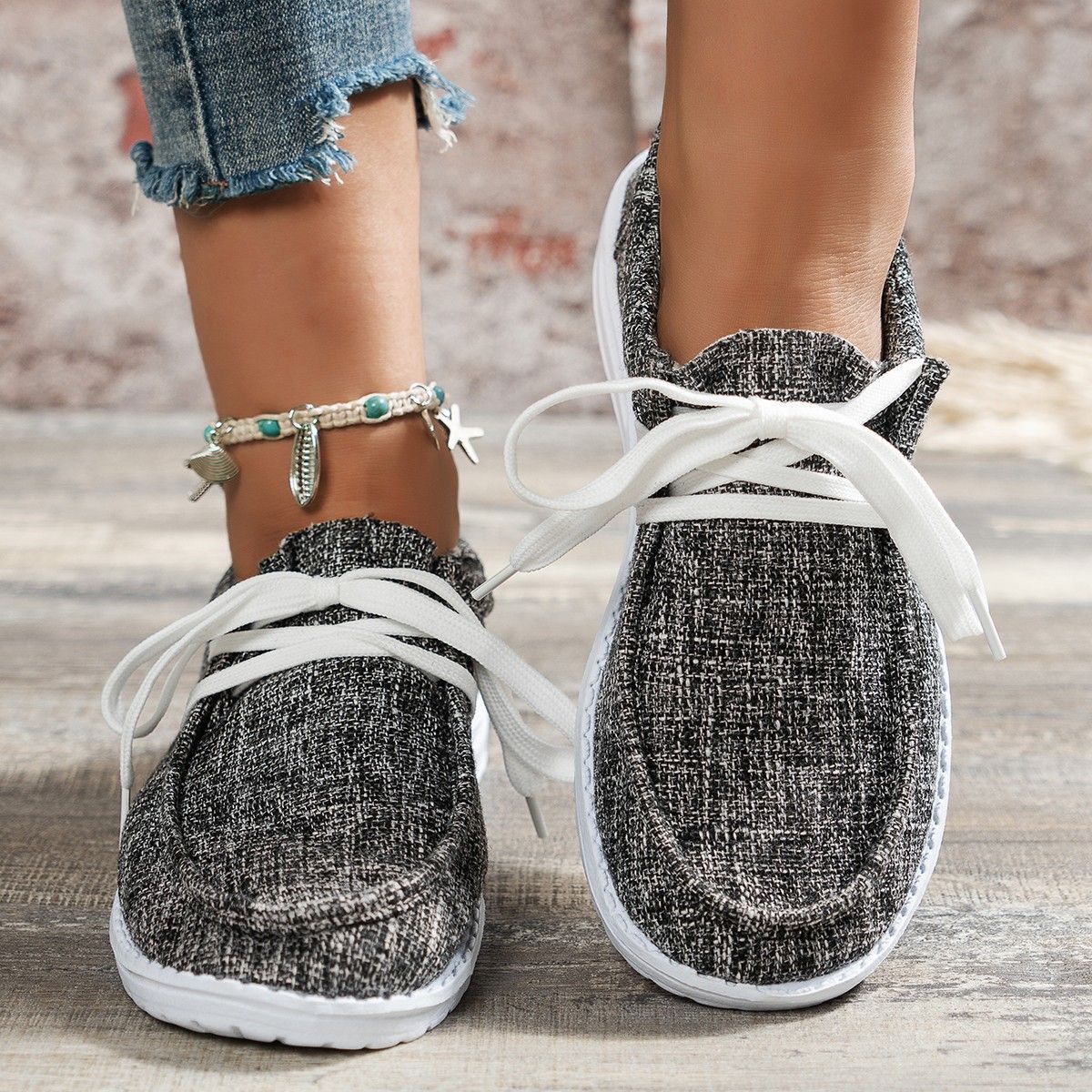 Große, flache, neue, runde Beanie-Freizeitschuhe mit Schnürung vorne für Damen_voghion.com