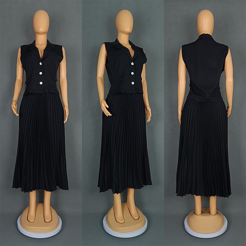 Vêtements pour femmes, nouveau tempérament, col, simple boutonnage, gilet, jupe plissée_voghion.com