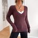 Women's Slim Fit V-Neck Knit Sweater - Ribbed Long Sleeve Pullover For Fall & Winter, Solid Color Elegant Casual Wear_voghion.com