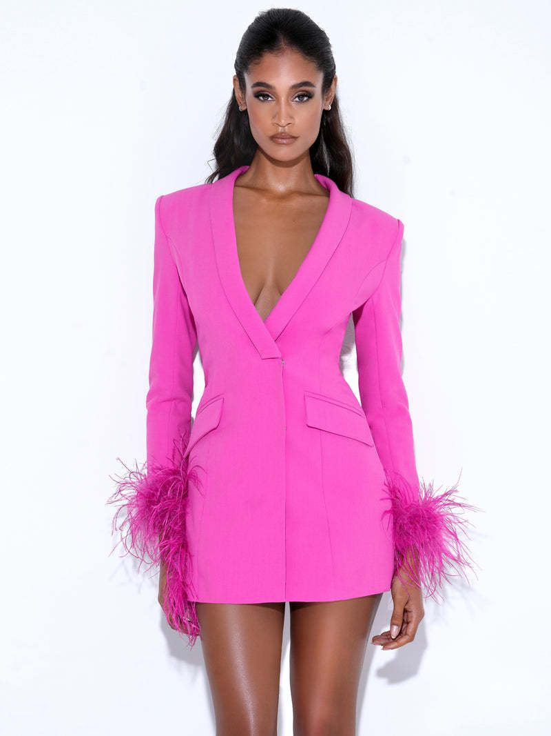 Women's Clothing Feather Blazer Dress Spliced Sequin Slit Hip Skirt Deep V Neck Feather Cuff Dress_voghion.com