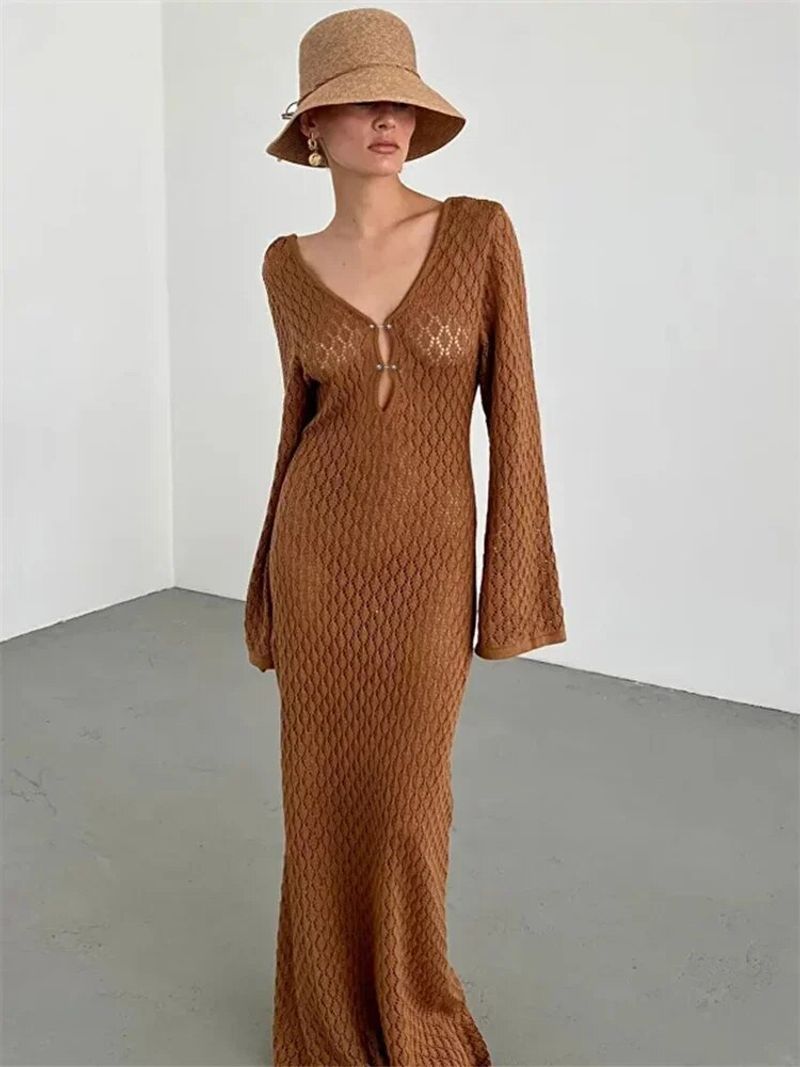 Tossy Weiß Strick Fashion Cover Up Maxikleid Damen Durchsichtiges V-Ausschnitt Ausgehöhltes Strandurlaubskleid Strickwaren Rückenfreies Kleid_voghion.com
