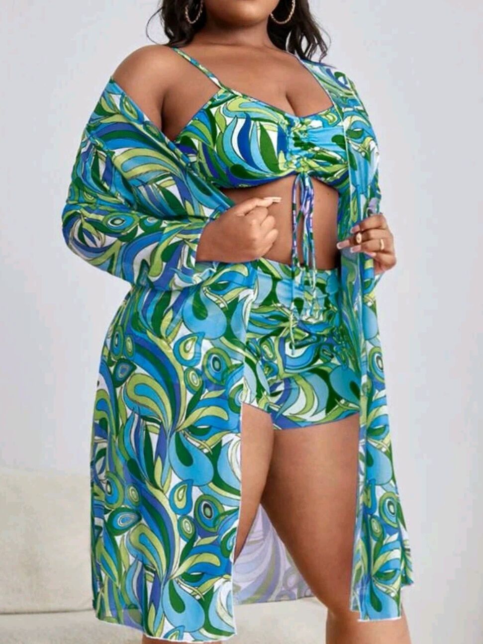 Women's Long printed blouse with drawstring bra and high waisted boxer briefs for women_voghion.com