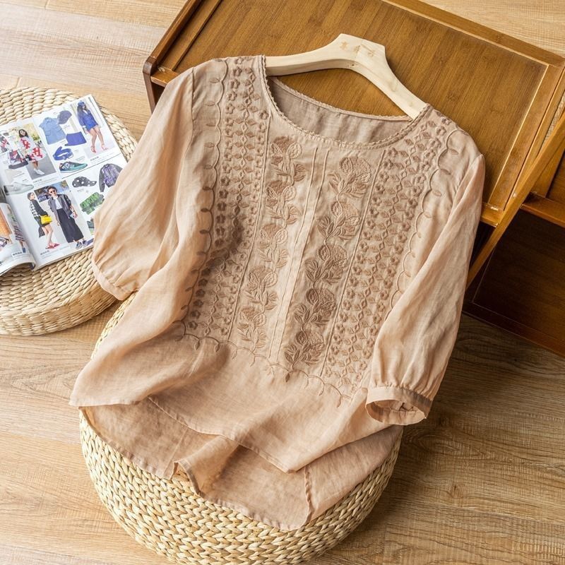 Damenbekleidung Mittelärmelige Bluse aus Baumwolle und Leinen Damen Stickerei lockeres literarisches Vintage-T-Shirt aus Baumwolle und Leinen_voghion.com