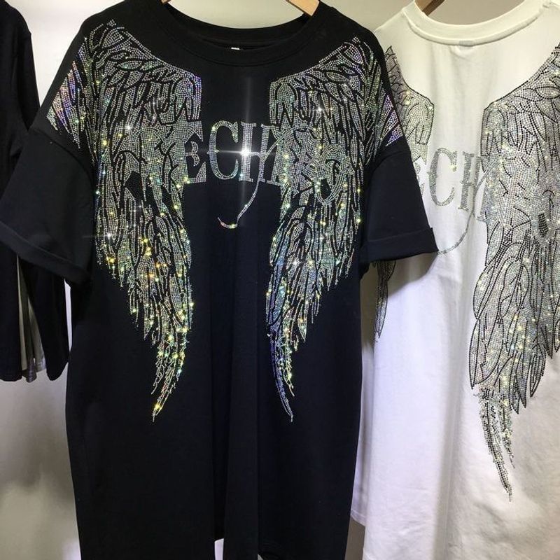 Damenbekleidung Heavy Hot Diamond T-Shirt Kurzarm Sommer Lose 200 Jin Fat Girl Top Weibliche Flügel_voghion.com