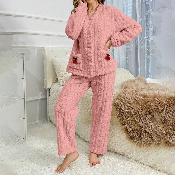 Autumn And Winter Cotton Lint Button Cardigan Cherry Print Women's Pajamas Loungewear Simple And Casual_voghion.com