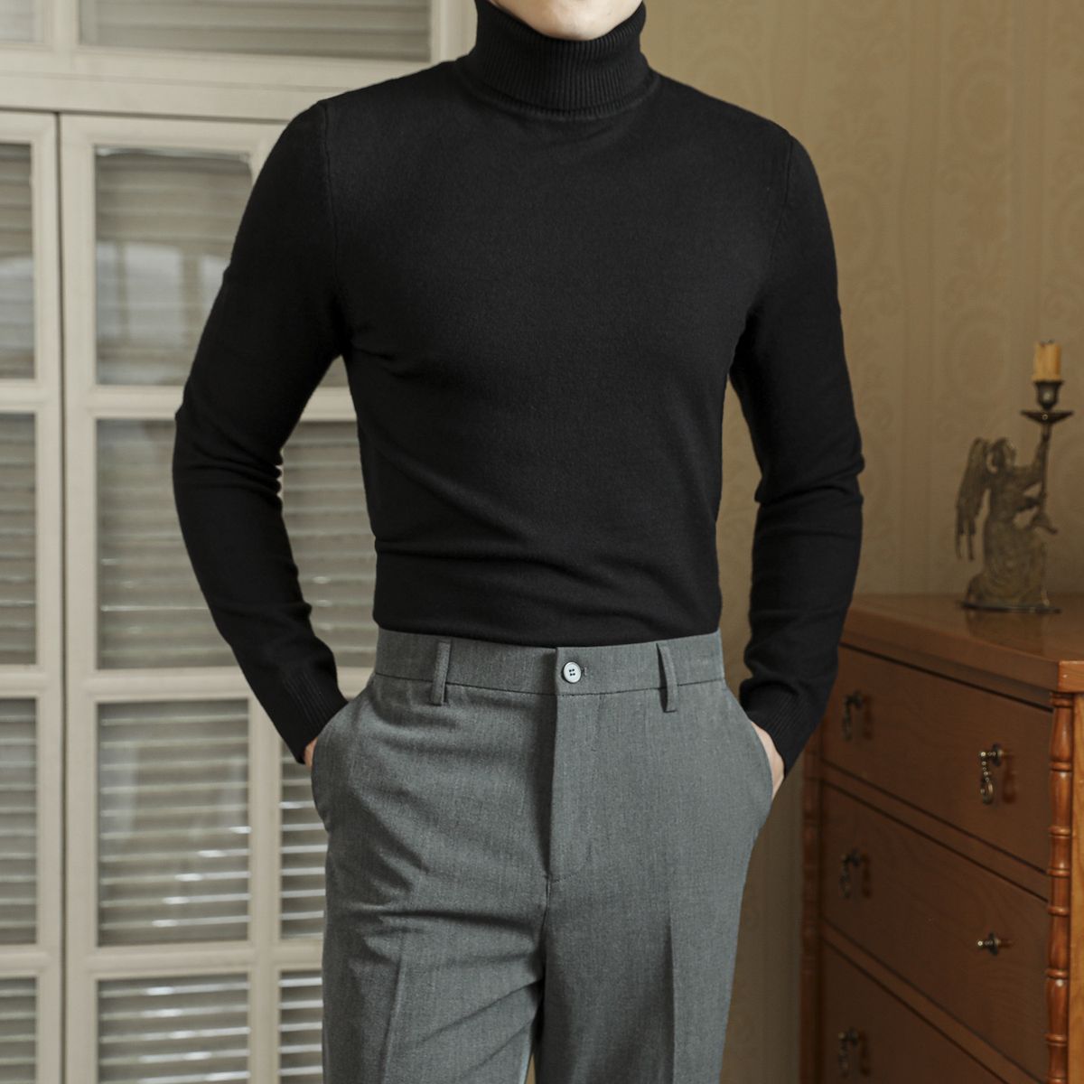 Pull col montant en maille pour homme – Pull slim tendance, motif jacquard texturé, pull en mélange de coton chaud et respirant, incontournable du streetwear_voghion.com