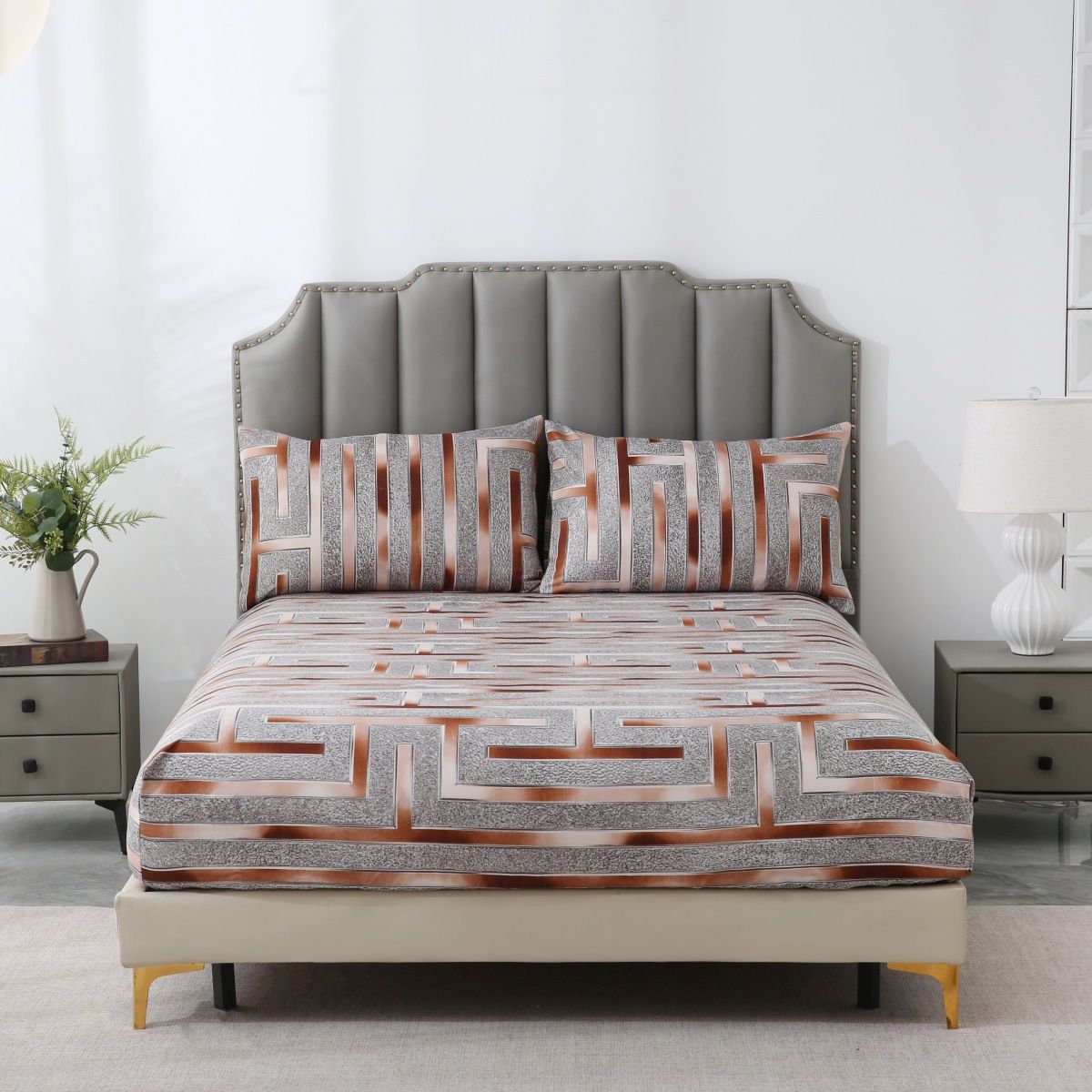 Rose Gold Geometric Mattress Cover Polyester Skin Friendly Bed Fitted Sheet Mattress Protector Fitted Sheet_voghion.com