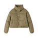 Women's PU Leather Stand Collar Short Puffer Jacket - Oversized Streetwear Coat With Thickened Warm Lining (Coffee, Beige, Black, Green)_voghion.com