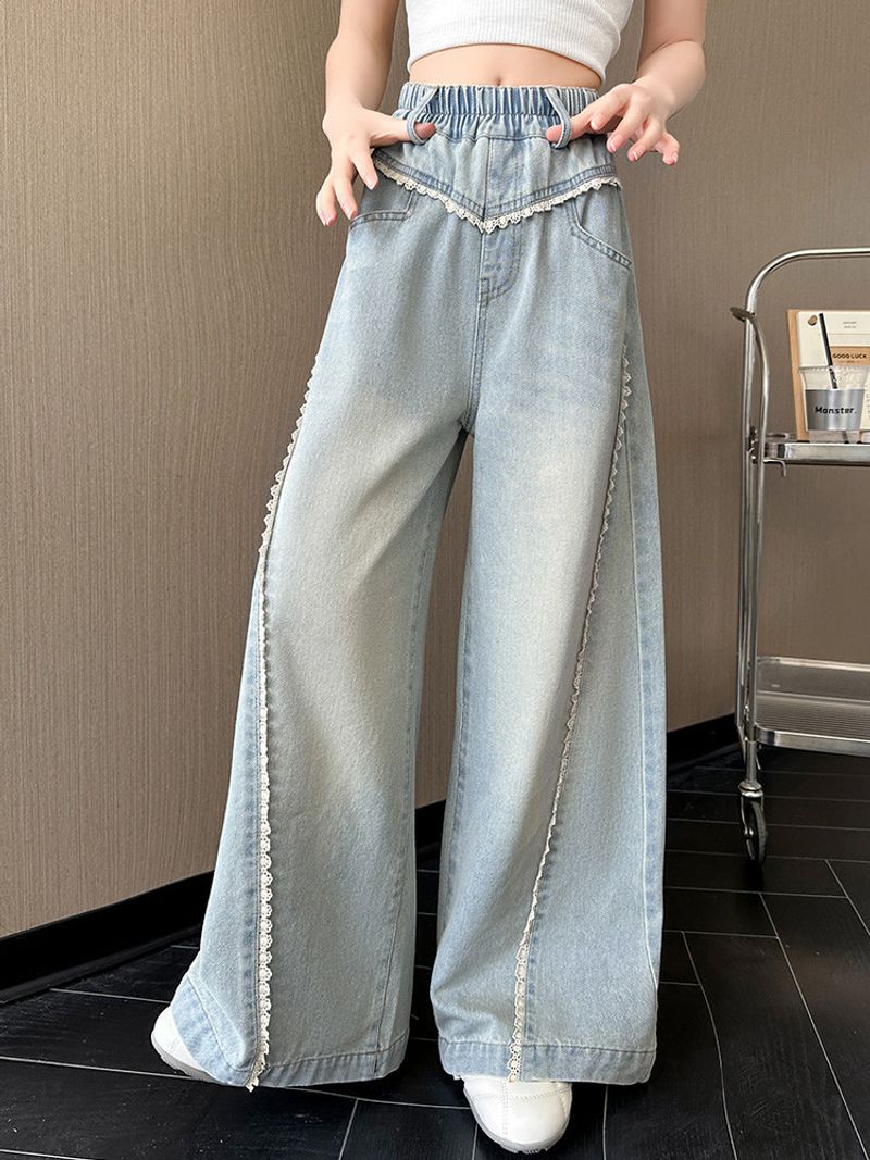 Girls Jeans Spring And Autumn 2025 New Style Big Children Spring And Summer Clothes Korean Version Children's Lace Wide Leg Pants_voghion.com