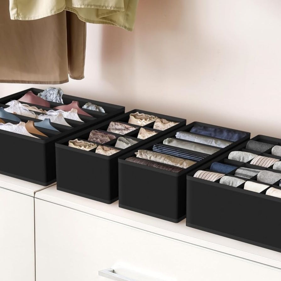 Set di 4 contenitori per cassetti - Scatole portaoggetti per armadio per calzini, biancheria intima e accessori (divisori pieghevoli regolabili in rete trasparente bianco/grigio)_voghion.com