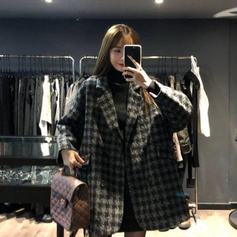 Xiaoxiangfeng Qianniao Stil Anzug Kragen Clip Baumwolle Wolle für Frauen, 2024 Herbst und Winter lose übergroße faule Wolle_voghion.com