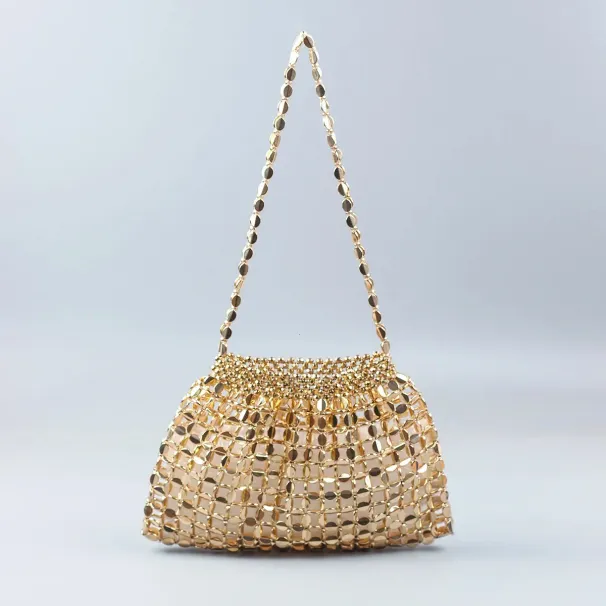 Handmade Sier Gold Flat Bead Woven Large-sized Dumpgs Fashionable And Trendy One Shoulder Portable Beaded Bag 240822_voghion.com