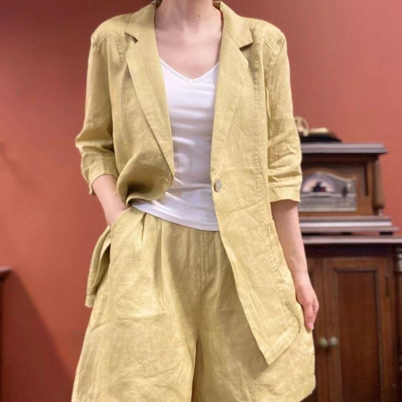 Europäische Mode Eleganter kleiner Anzug für Damen, Sommer, dünne Baumwoll-Blazerjacke, Shorts mit weitem Bein, Leinen, zweiteiliges Set_voghion.com