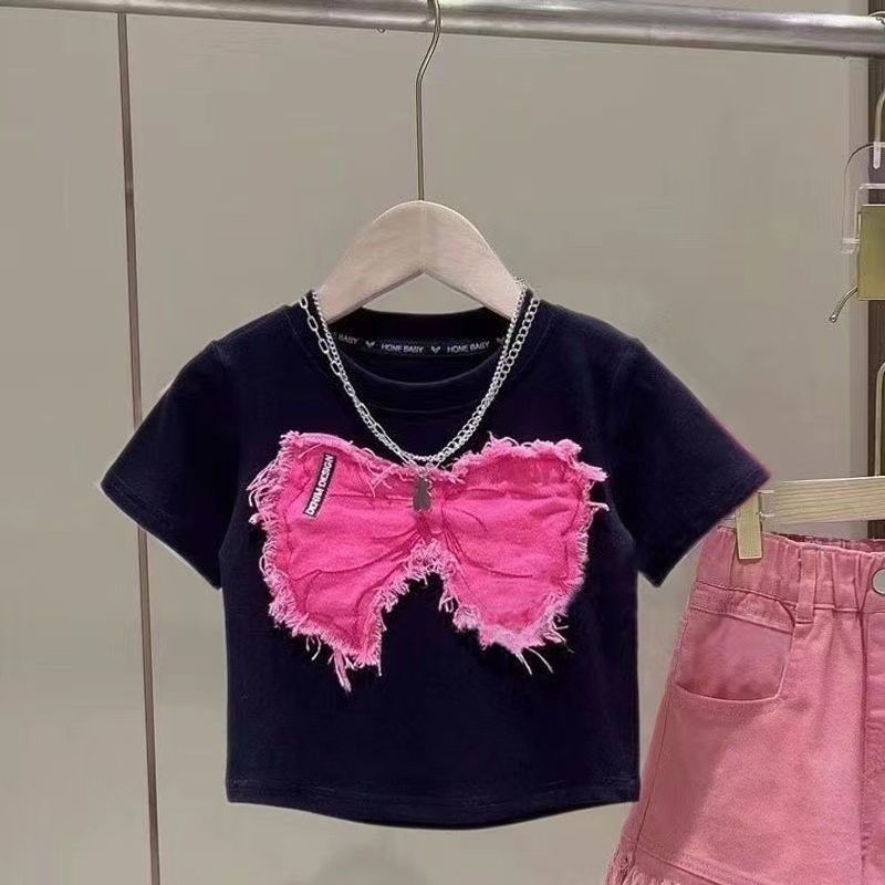Mor & Børn Piger jeans sommerdragt 2024 ny stil mellemstore og store børne moderigtige revne jeans børne stilfuldt T-shirt sommertøj_voghion.com