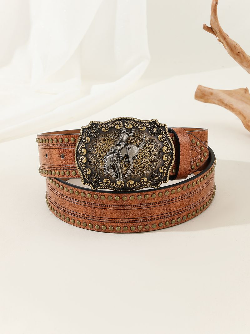 Western Cowboy Animal Carving Grote Gesp Klinknagel Trendy Heren- en Damesriem_voghion.com