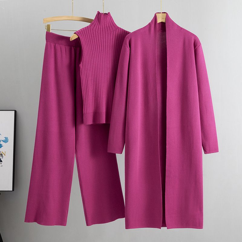 Îmbrăcăminte de damă toamnă și iarnă nou temperament leneș costum tricotat vestă fără mâneci pulover cardigan pantaloni set trei piese_voghion.com