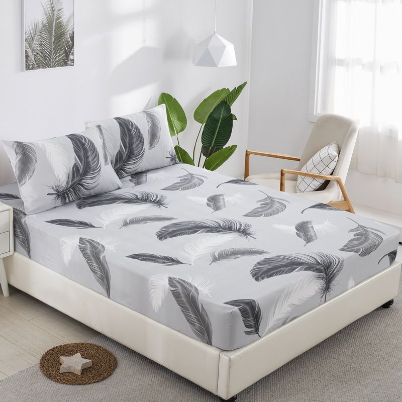 Grau-weißer Feder-Matratzenbezug im Bohemian-Stil, hautfreundliches Polyester-Spannbettlaken, Matratzenschoner, Spannbettlaken_voghion.com