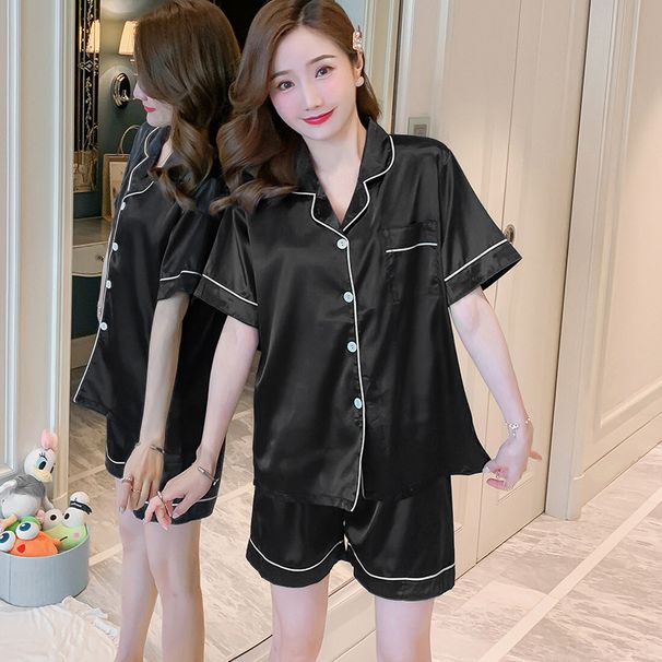 Dünner Pyjama, kurzärmlige Shorts, zweiteiliges Set aus Eis, einfarbige Damen-Strickjacke, sommerliche Heimkleidung aus Seide_voghion.com