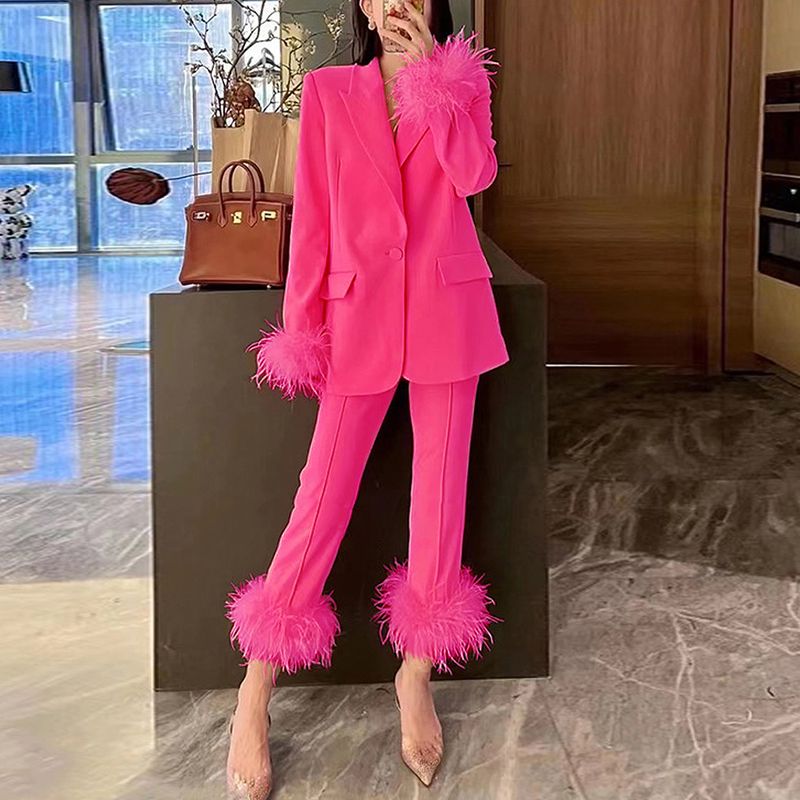 Women's Clothing Internet Celebrity Style Ostrich Feather Stitching Suit Two Piece Suit Temperament Dress Women's Style Trousers_voghion.com