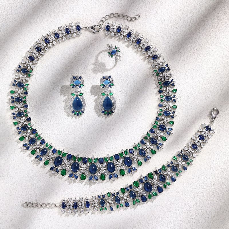 Conjunto de 4 peças de colar e brincos de zircônia e cobre, luxuoso conjunto de joias de jantar em calcedônia com diamantes_voghion.com