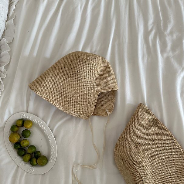 Chapeau de paille en raphia pour femme, bord large de plage, pliable, style coréen, style artistique rustique, protection solaire d'été, artisanat de tissage de paille._voghion.com