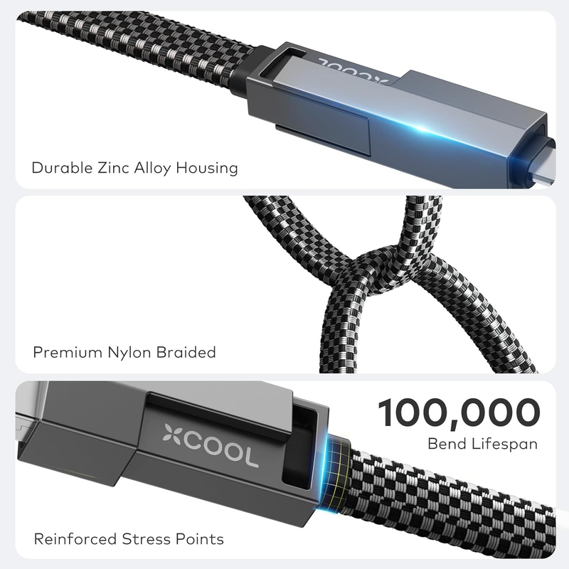 XCOOL USB C cable, 4-in-1 data (6 feet), 100W charger with hook loop fasteners and management, USB-C cable \/fast_voghion.com