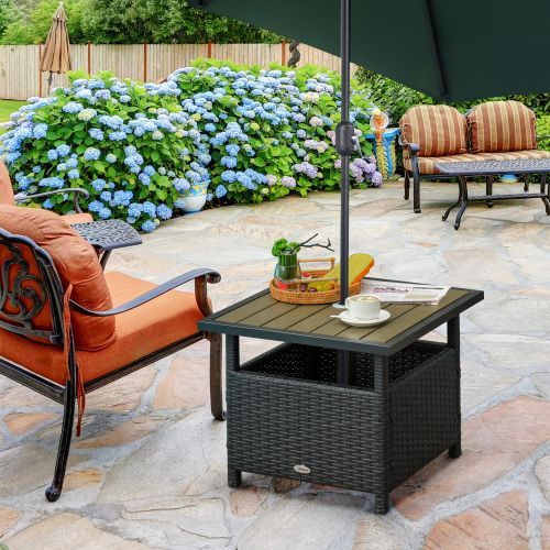 Outsunny 22'' Rattan Wicker Side Table With Steel Frame, Umbrella Insert Hole, Sand Bag For Outdoor, Patio, Garden, Backyard, Black & Tan_voghion.com