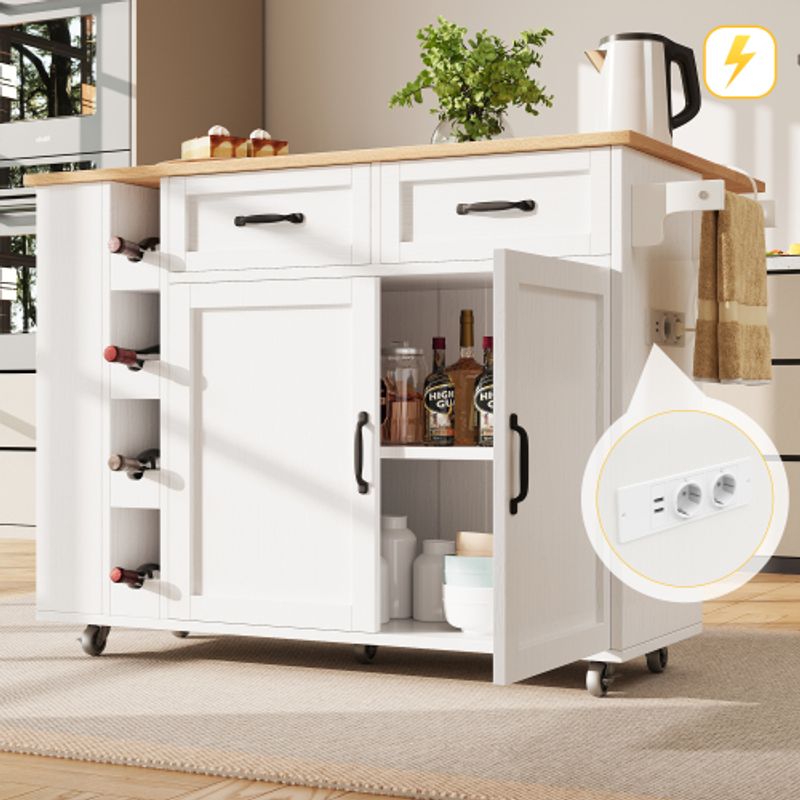 Kücheninsel, Küchenwagen Mit Steckdosenleiste ausgestattet, Küchenschrank, Abnehmbarer Servierwagen Mit Weinregal,buffetschrank, Speisewagen Mit Holzmaserung, Buffetschrank, Weiß_voghion.com