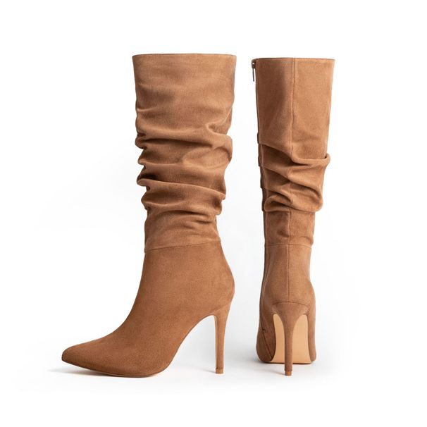 Pointy suede solid color mid-tube fashion slip-on boots plus size_voghion.com