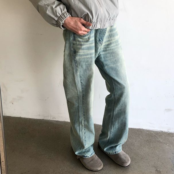 Men’s Ice Blue Distressed Jeans – Vintage Cat Whisker & Scratch Washed Denim With Flared Straight Cut (M-XXL)_voghion.com