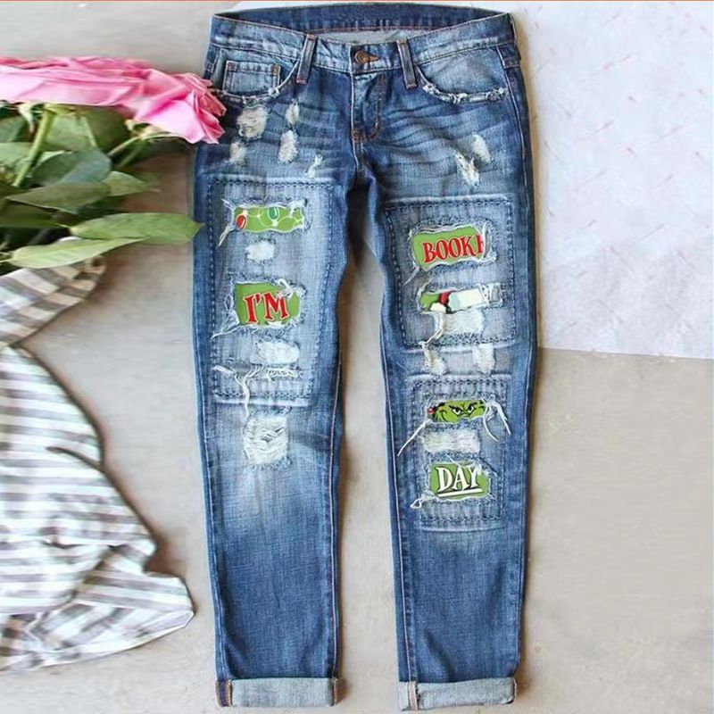 Jeans stampati Greentown Green Hairy Monster molto venduti, pantaloni a gamba dritta da donna lavati e strappati_voghion.com