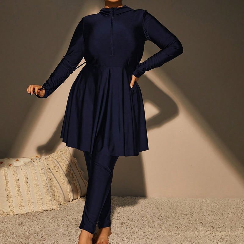 Abbigliamento da donna, taglie forti, costume da bagno intero, con coulisse, cappuccio, mezza cerniera, gonna divisa, pantaloni a maniche lunghe_voghion.com