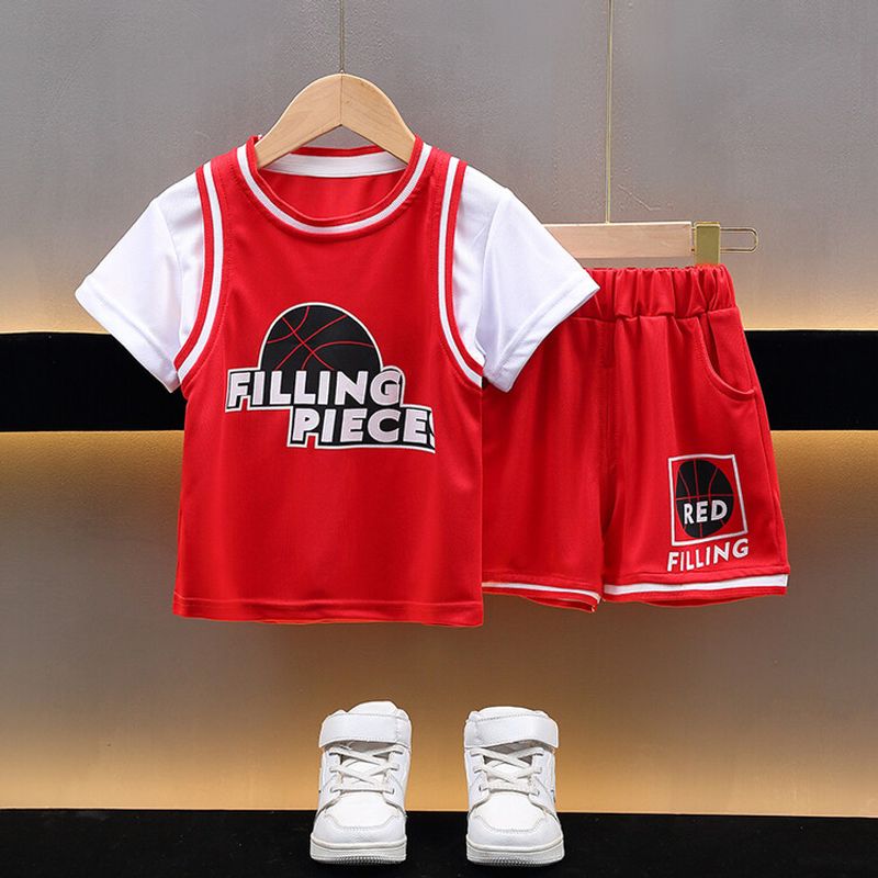 Mère et enfants garçons uniforme de basket-ball d'été ensemble 2024 nouveaux garçons faux deux pièces uniforme d'entraînement à manches courtes tendance de vêtements de sport pour enfants_voghion.com