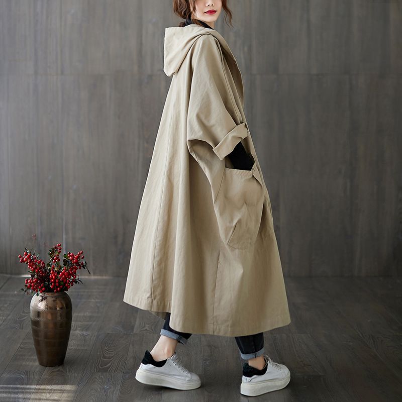 Women's fashion loose large size hooded commuter leisure over the knee long large pocket trench coat_voghion.com