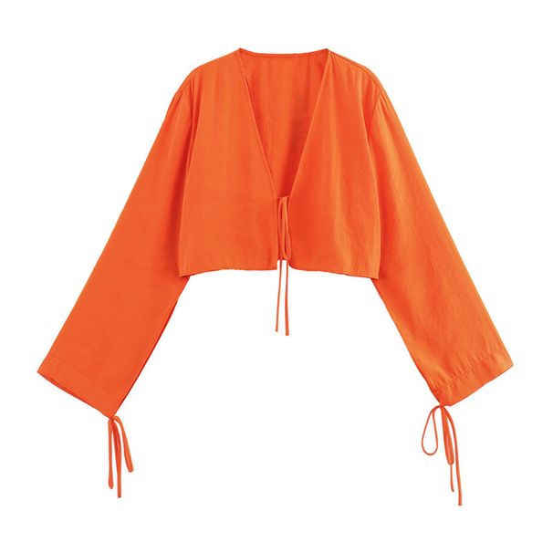 Camicia da donna Feng con colletto annodato, maniche a lanterna, ampia e alla moda, tinta unita con papillon_voghion.com