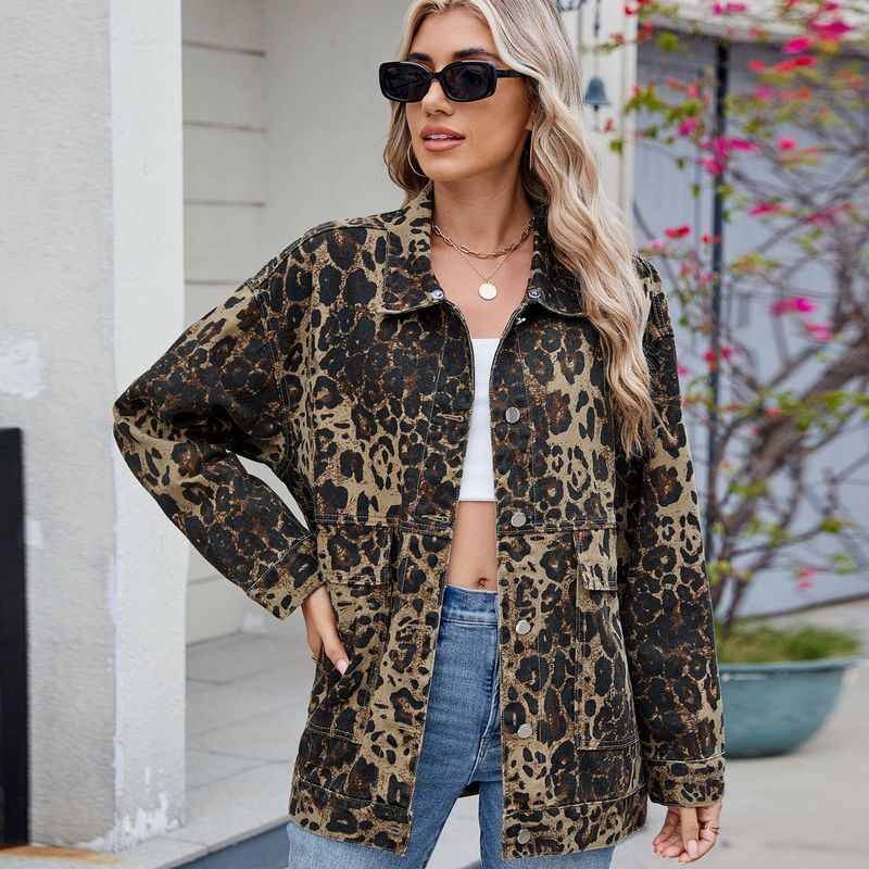 Veste en jean délavé pour femme à imprimé léopard – Manteau décontracté oversize à capuche amovible, style streetwear pour le printemps_voghion.com