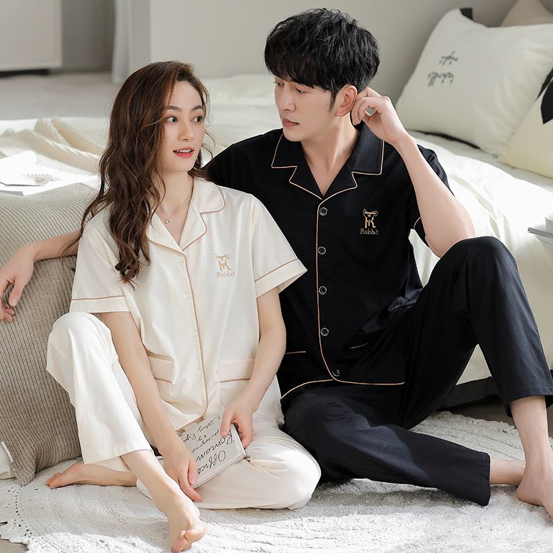 Spring, Summer And Autumn Couple Pajamas Casual Short-sleeved Trousers Men's And Women's Cardigans Pure Cotton Loungewear Loose Suit_voghion.com