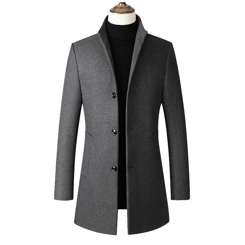  autumn and winter men's mid-length single-breasted windbreaker solid color simple stand-up collar woolen material coat_voghion.com