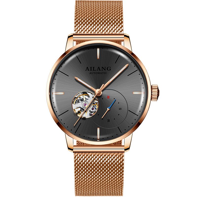 AILANG Orologi di seconda mano unici per uomo Orologio da polso meccanico automatico alla moda con scheletro Cinturino in acciaio nero Reloj Hombre_voghion.com